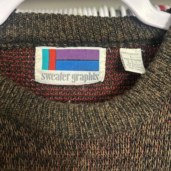 Vintage 80s Sweater Graphix Geometric Knit Crewneck Brown Red Size L - Picture 2 of 3
